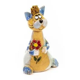 Keramik Minifigur - sitzende Katze mit Blume - gemischte Farben