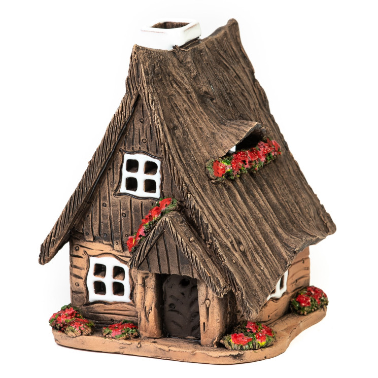 Lichthaus aus Keramik Nr. 32. Holzhaus mit Blumen - Teelichthalter und Räucherhaus