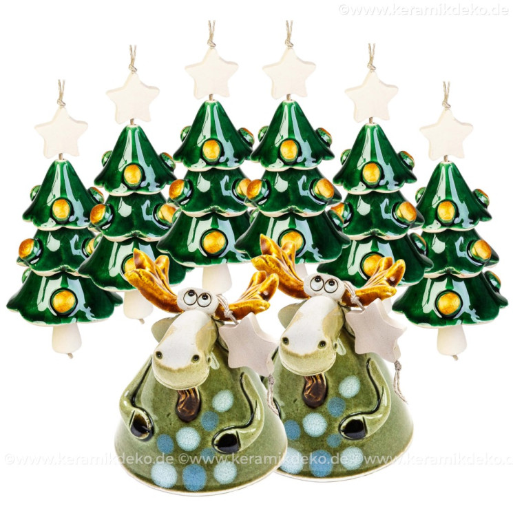 Baumschmuck-Glöckchen Set | 6 Weihnachtsbäume + 2 Elche