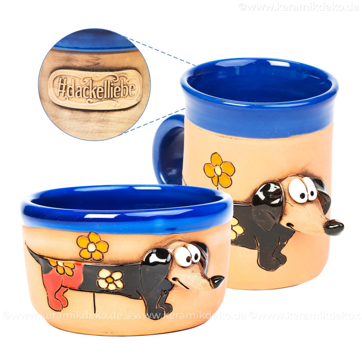 Frühstücks-Set Dackel aus Keramik | 3D-Tasse & Müslischale