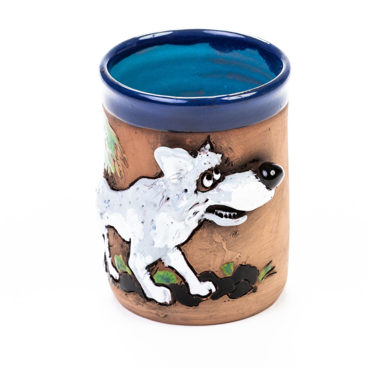 3D Keramiktasse - Blau mit Wolf - keramikdeko.de